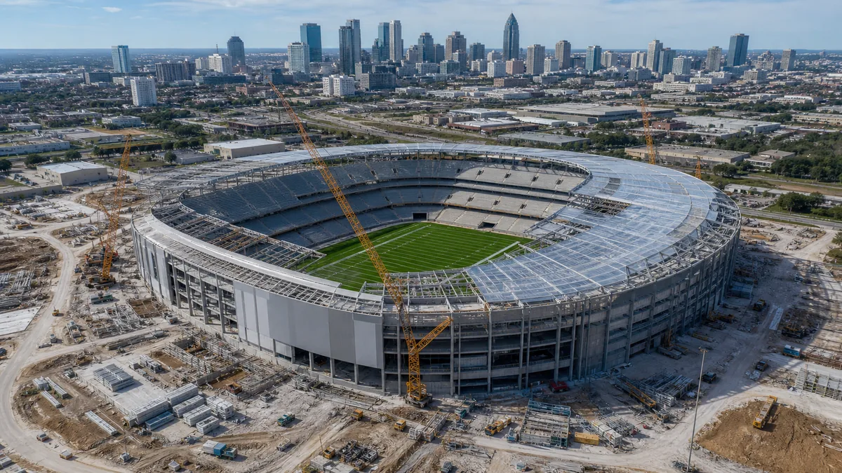 Modern enclosed American football stadium under construction with cranes around the roof