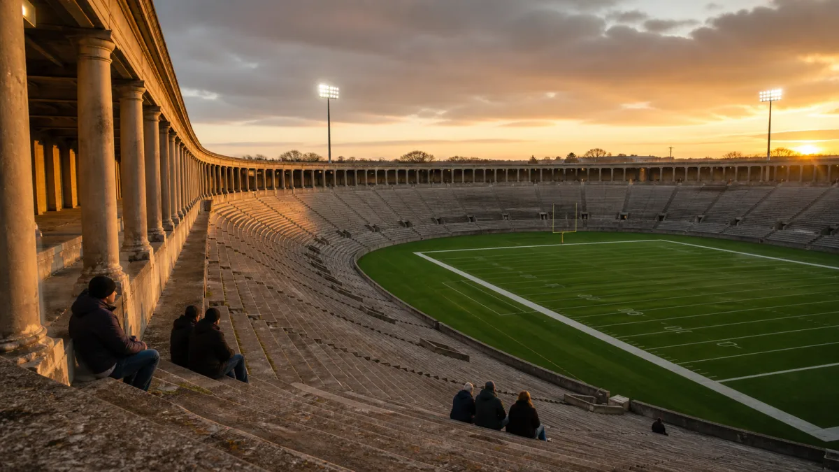 Historic open-air American football stadium with an old concrete bowl and modern field