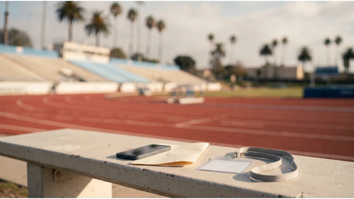 A phone face-down beside a printed session schedule and a plain accreditation wallet on a sunlit concrete bench, with a running track and empty stand blurred behind
