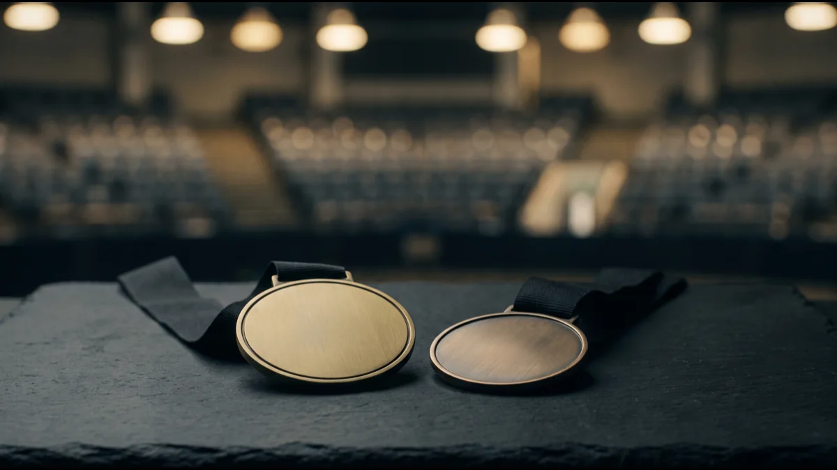 Two plain unmarked circular medals on plain ribbons lying side by side on a dark slate surface, one gold-toned and one duller, a dim arena behind