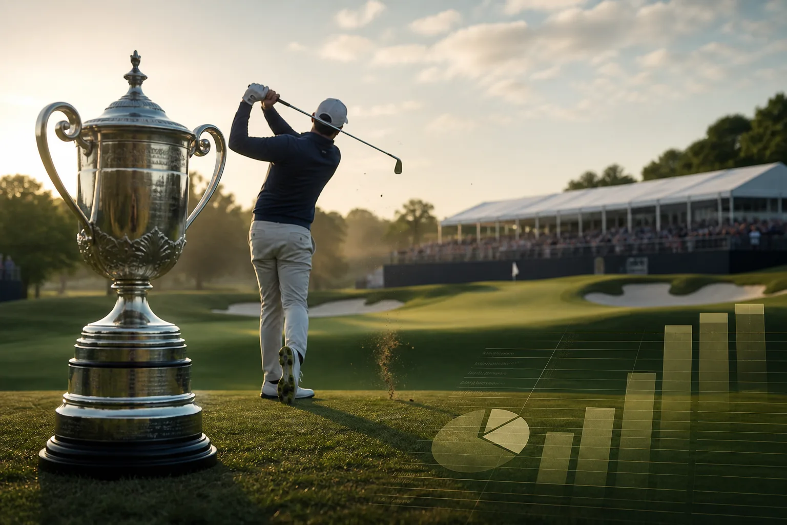 Silver golf trophy with a payout ledger overlooking a championship green