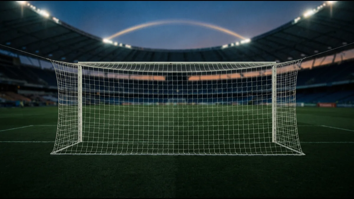 An empty football goal with plain white netting on stadium turf at dusk, the tiers of a vast empty national stadium out of focus behind it