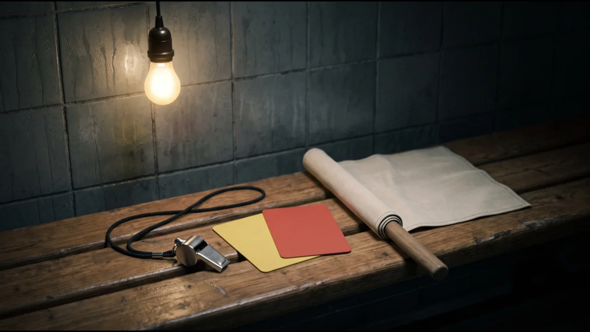 A referee's whistle, yellow and red cards and a folded flag laid on a wooden bench in a dim changing room, lit by a single overhead lamp