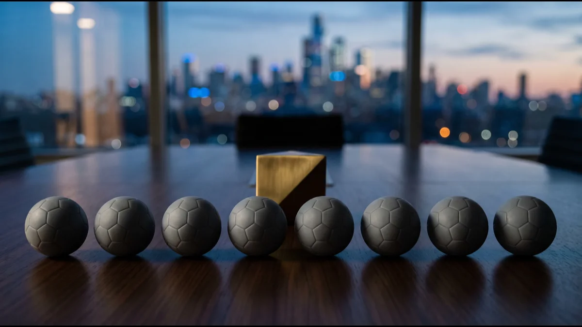 Eight identical small plain grey resin ball models in a row on a dark polished boardroom table, a single brass paperweight casting one shadow across them