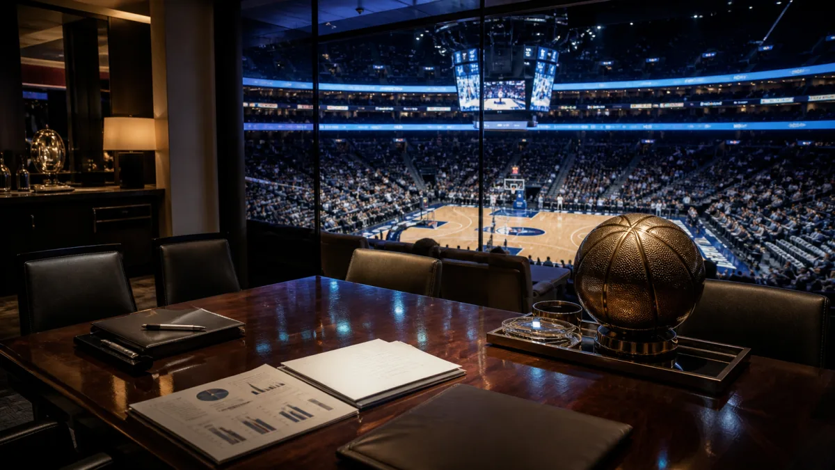 Luxury basketball arena suite with financial papers and a metallic basketball sculpture