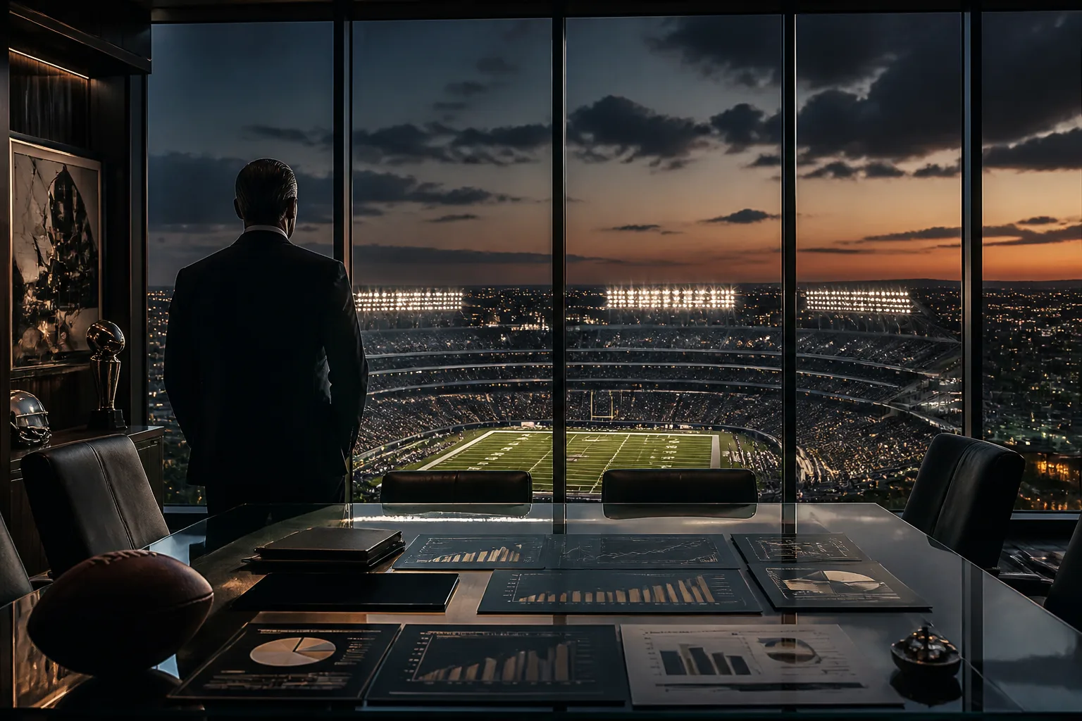 Anonymous sports executive studying valuation charts above a football stadium
