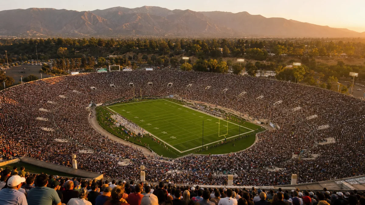 Vast historic open-air football bowl filled with fans against Southern California mountains at sunset