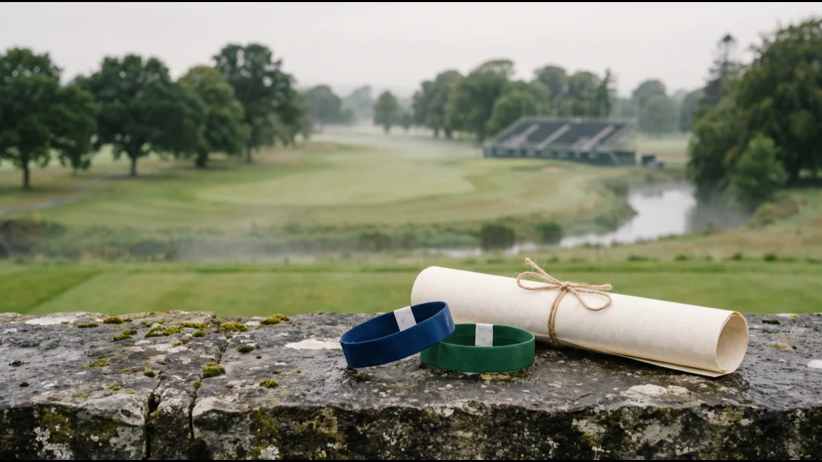 A pair of spectator wristbands and a rolled course map on a limestone wall, with a parkland golf course and grandstand blurred behind in soft Irish light