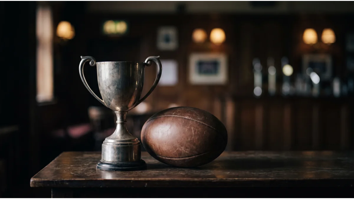 A plain tarnished silver two-handled trophy cup with no markings standing beside a scuffed leather rugby ball on a dark wooden table