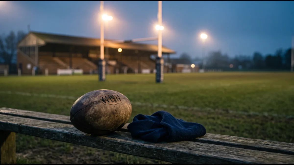 A worn leather rugby ball and a plain club scarf on a wooden bench beside a floodlit pitch, with an empty stand blurred behind on a winter evening