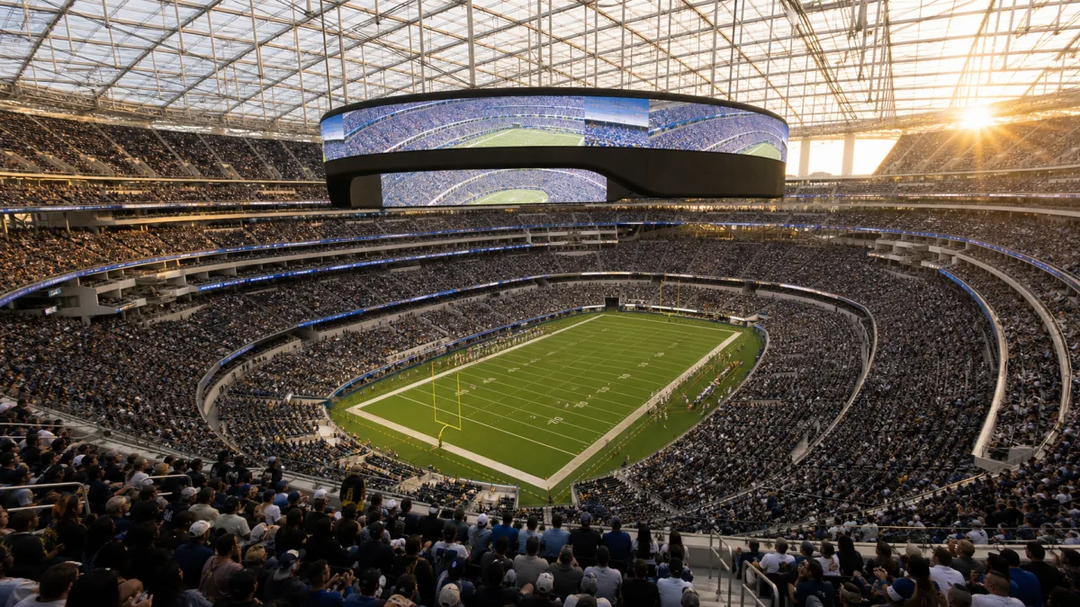 Packed modern indoor-outdoor football stadium with layered seating and an oval video board