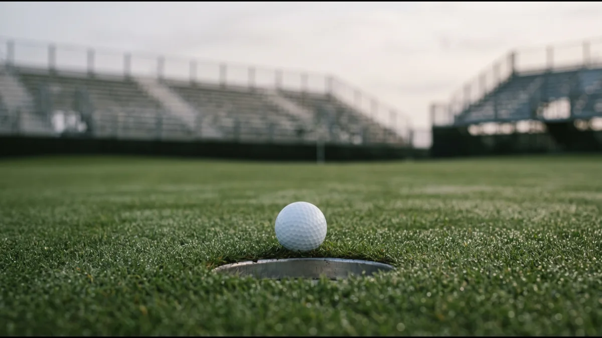 A plain white golf ball resting on the lip of the hole on a closely mown putting green, empty grandstands out of focus behind