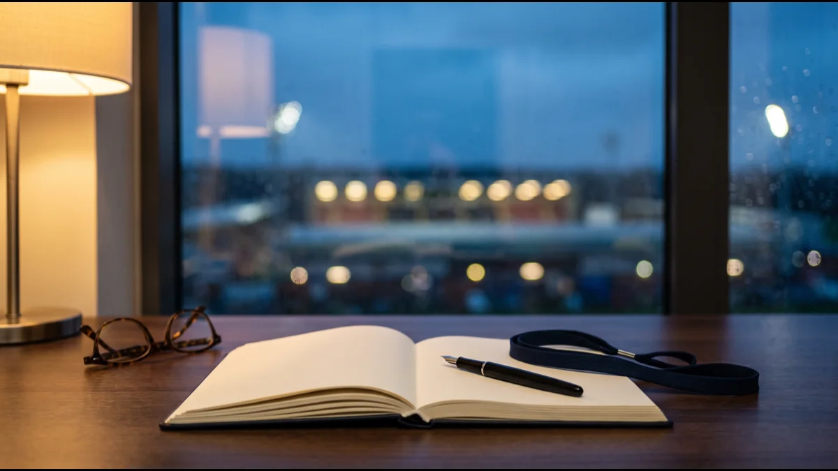 A desk diary open beside a plain lanyard and a pen on a dark wooden surface, with a floodlit stadium blurred through a window behind