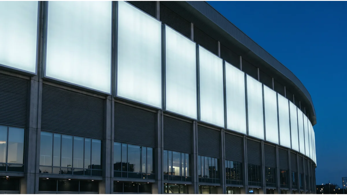 Blank illuminated white lettering panels mounted on a modern stadium facade at dusk, with no text on them