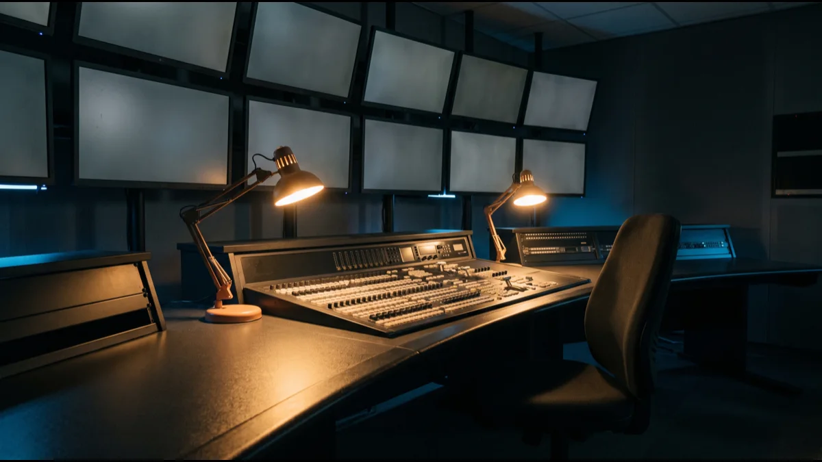 A darkened television control gallery with banks of blank monitors and an empty operator chair, lit only by desk lamps