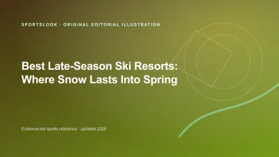 Late-season skier on a high alpine slope with resort comparison card