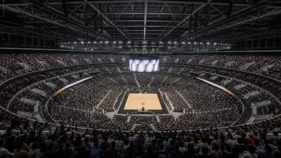 Enormous enclosed indoor arena with a central court and multiple tiers of filled seating