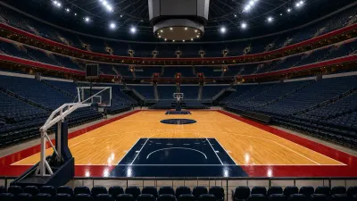 Wide interior view of a large anonymous basketball arena filled with spectators