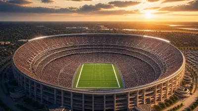Aerial sunset view of an immense anonymous American football stadium