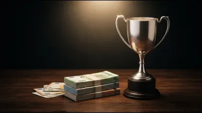 A plain silver two-handled trophy beside banded stacks of euro banknotes on a dark wooden table, lit by a single warm overhead spotlight