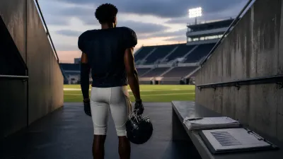 Anonymous college football player holding a helmet beside contract papers and a valuation chart in a stadium tunnel