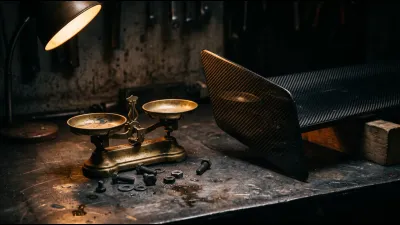 A carbon-fibre front wing endplate and a brass balance scale on a dark workshop bench, lit by a single warm lamp