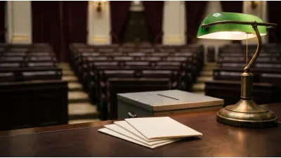 A fanned stack of plain blank membership cards beside a grey ballot box and a brass desk lamp on a dark wooden desk, empty tiered seats behind