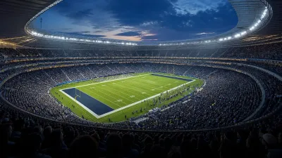 Modern anonymous professional football stadium under evening lights