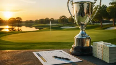 Championship golf trophy and scorecard beside a green at sunrise