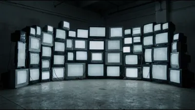 Rows of identical televisions stacked in a dark room, each screen showing the same blank grey glow