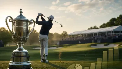 Silver golf trophy with a payout ledger overlooking a championship green