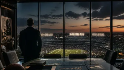 Anonymous sports executive studying valuation charts above a football stadium