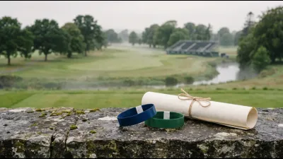 A pair of spectator wristbands and a rolled course map on a limestone wall, with a parkland golf course and grandstand blurred behind in soft Irish light