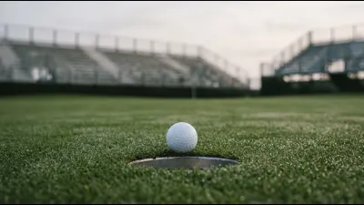 A plain white golf ball resting on the lip of the hole on a closely mown putting green, empty grandstands out of focus behind