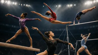 Anonymous women gymnasts performing on beam, bars and floor in a lit arena
