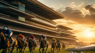 Thoroughbred horses racing past a vast packed grandstand at sunset