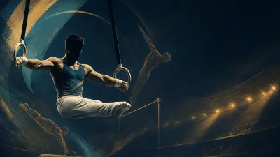 Editorial illustration of an anonymous male artistic gymnast on the rings with high bar and pommel horse silhouettes