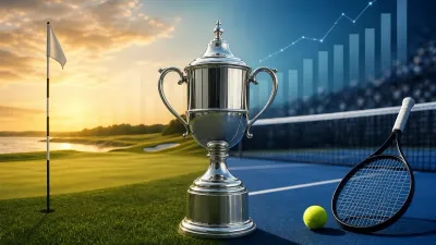 Championship trophy and prize ledger overlooking a tournament golf course