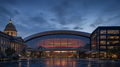 Basketball arena exterior divided between a city hall silhouette and a private ownership office