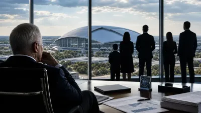 Anonymous football-club owner in a boardroom overlooking a stadium at dusk
