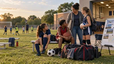 Youth athletes and a parent with soccer, basketball and volleyball equipment outside a community school gym