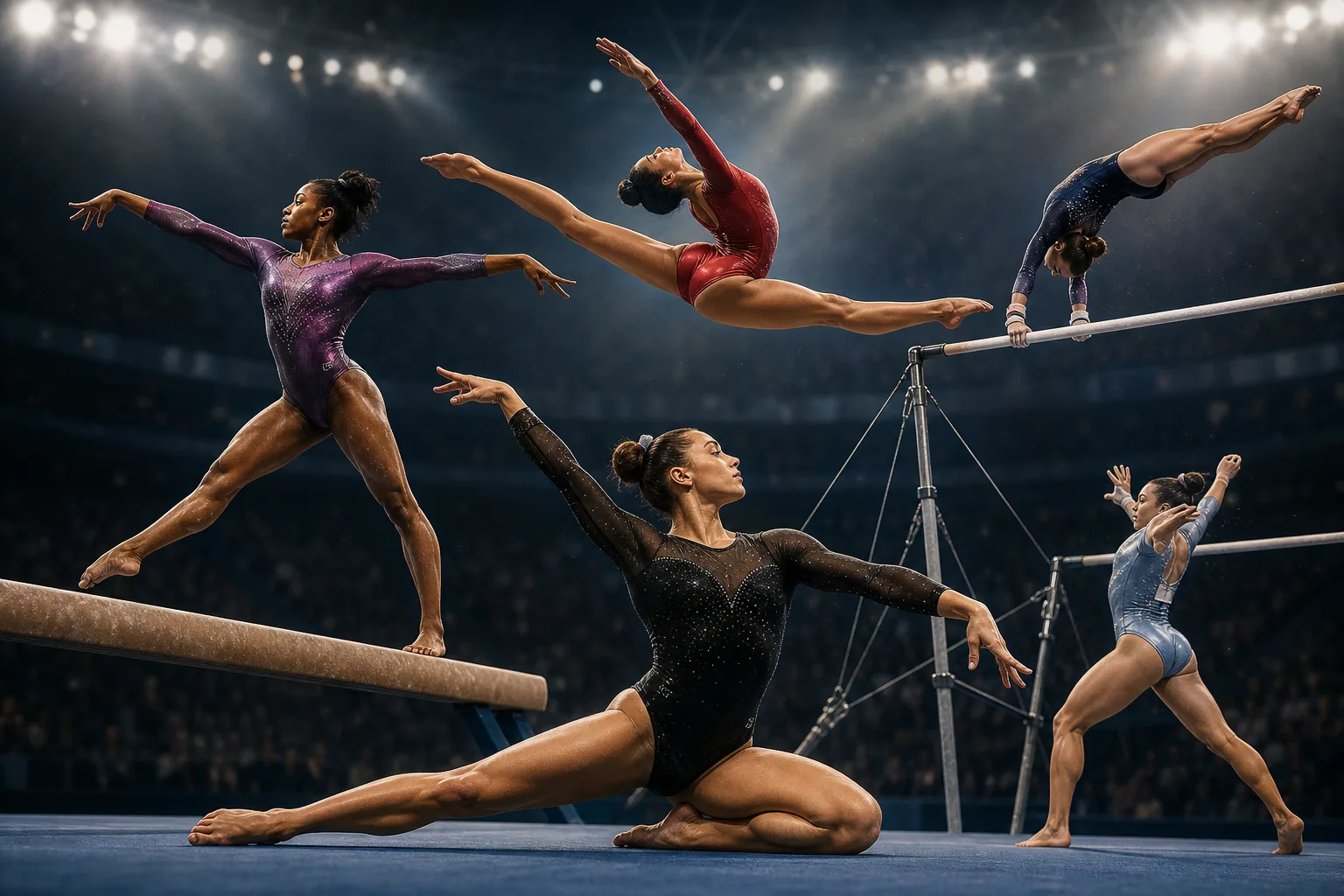 Anonymous women gymnasts performing on beam, bars and floor in a lit arena