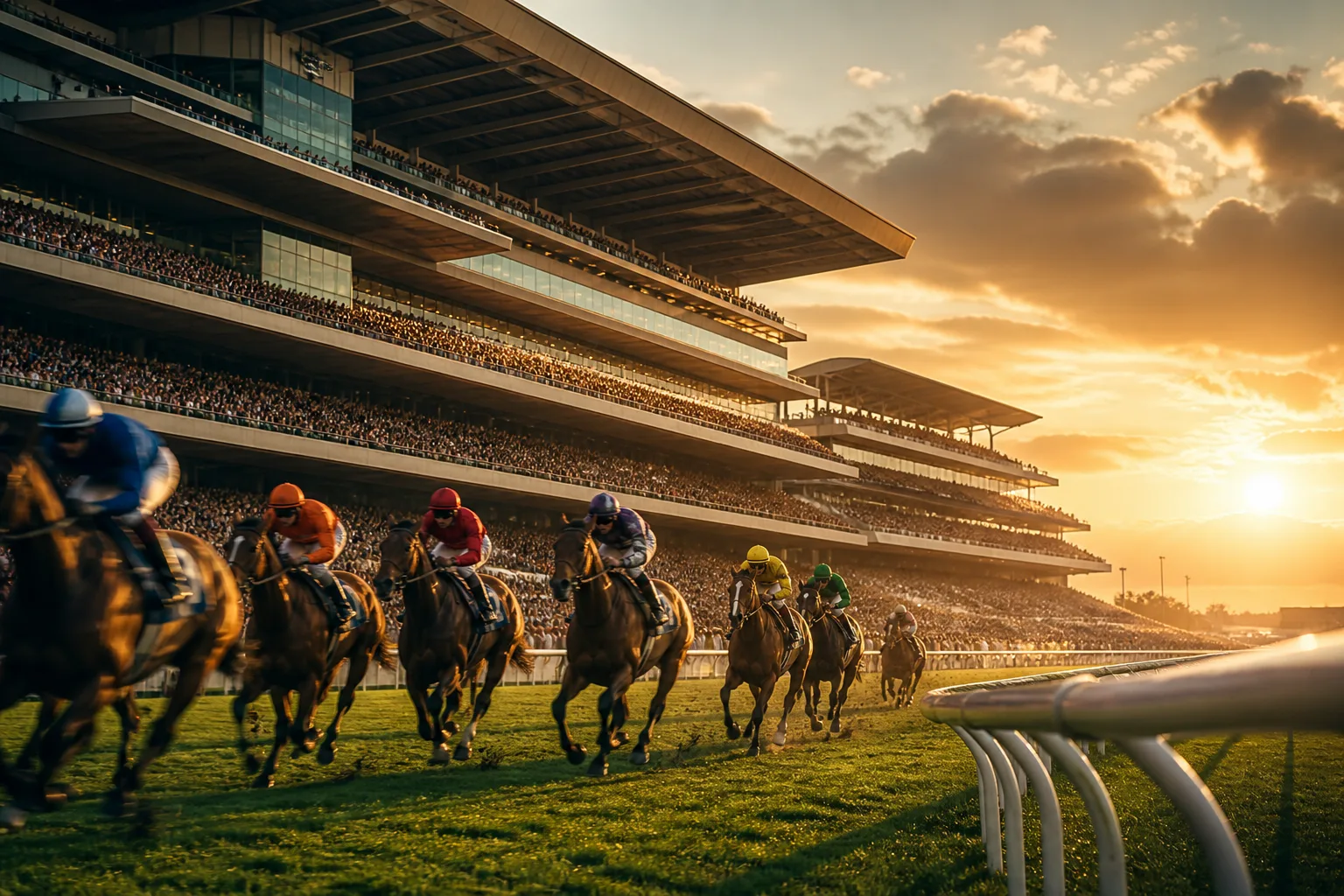 Thoroughbred horses racing past a vast packed grandstand at sunset