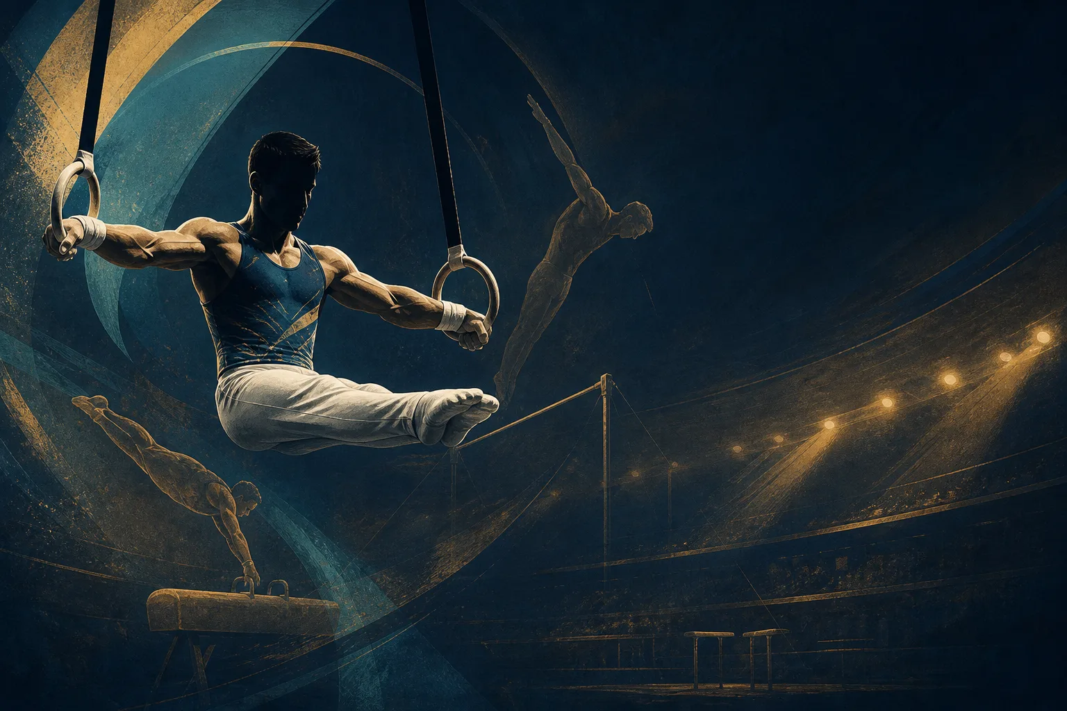Editorial illustration of an anonymous male artistic gymnast on the rings with high bar and pommel horse silhouettes