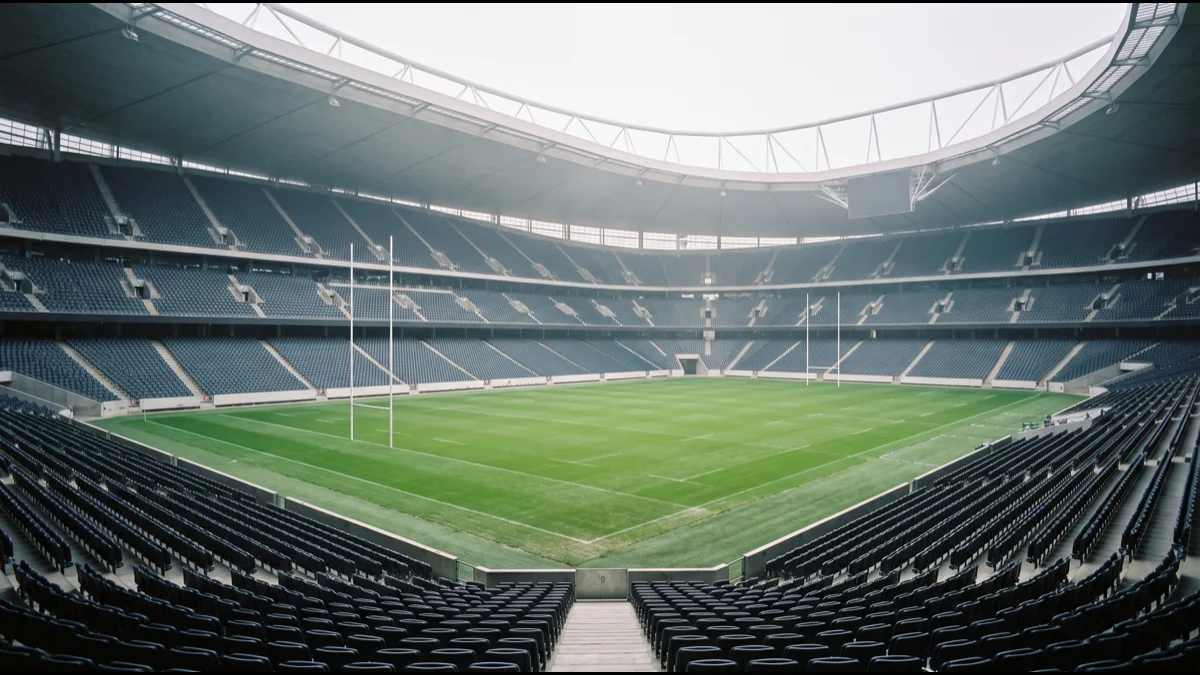 A tall enclosed stadium bowl with four steep tiers around a rugby pitch, goalposts at each end, under winter afternoon light