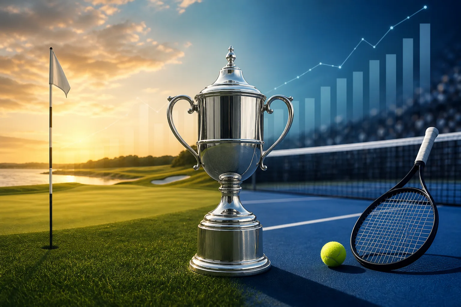 Championship trophy and prize ledger overlooking a tournament golf course