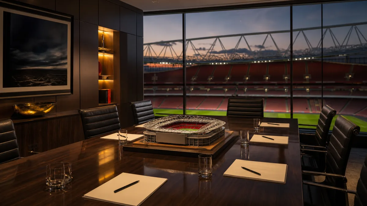 Football club boardroom overlooking a large red-seated North London stadium at dusk