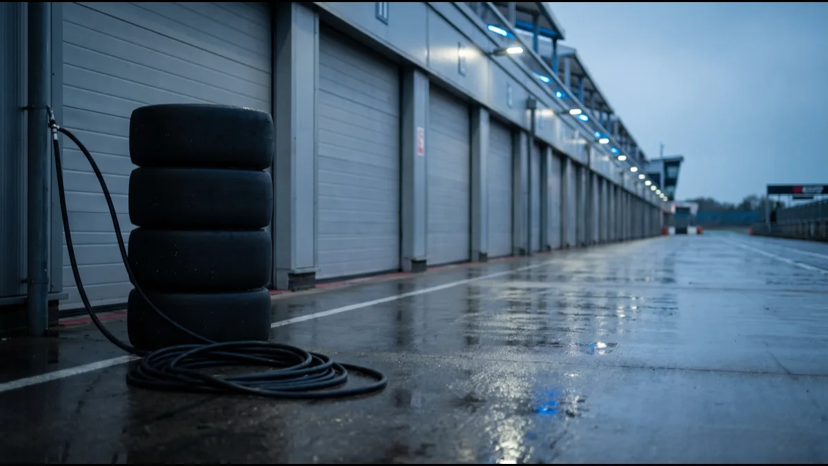 An empty motor-racing pit lane at dusk, a long row of identical closed grey garage shutters receding into the distance above wet reflective tarmac