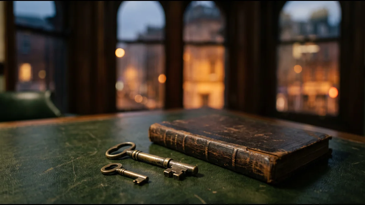 Two old brass door keys of noticeably different sizes lying side by side on a green leather-topped desk beside a closed leather ledger