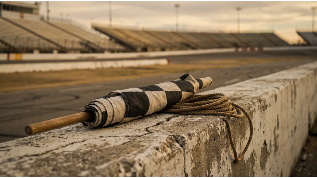 A furled black-and-white chequered flag resting on a weathered concrete pit wall, the banked oval and empty grandstand of a speedway out of focus behind